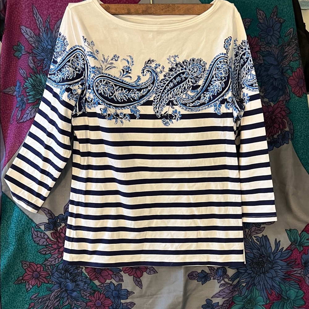 SOLD- Talbots Blue and White Paisley Striped Blouse